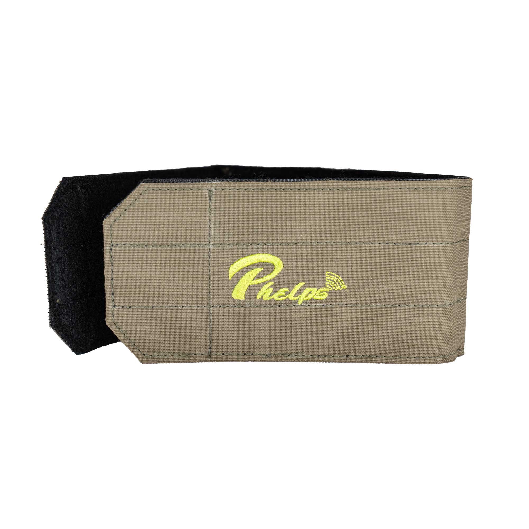 An army green nylon strap with a black hook-and-loop closure and a green 'Phelps' logo printed on the front, shown open against a plain white background.
