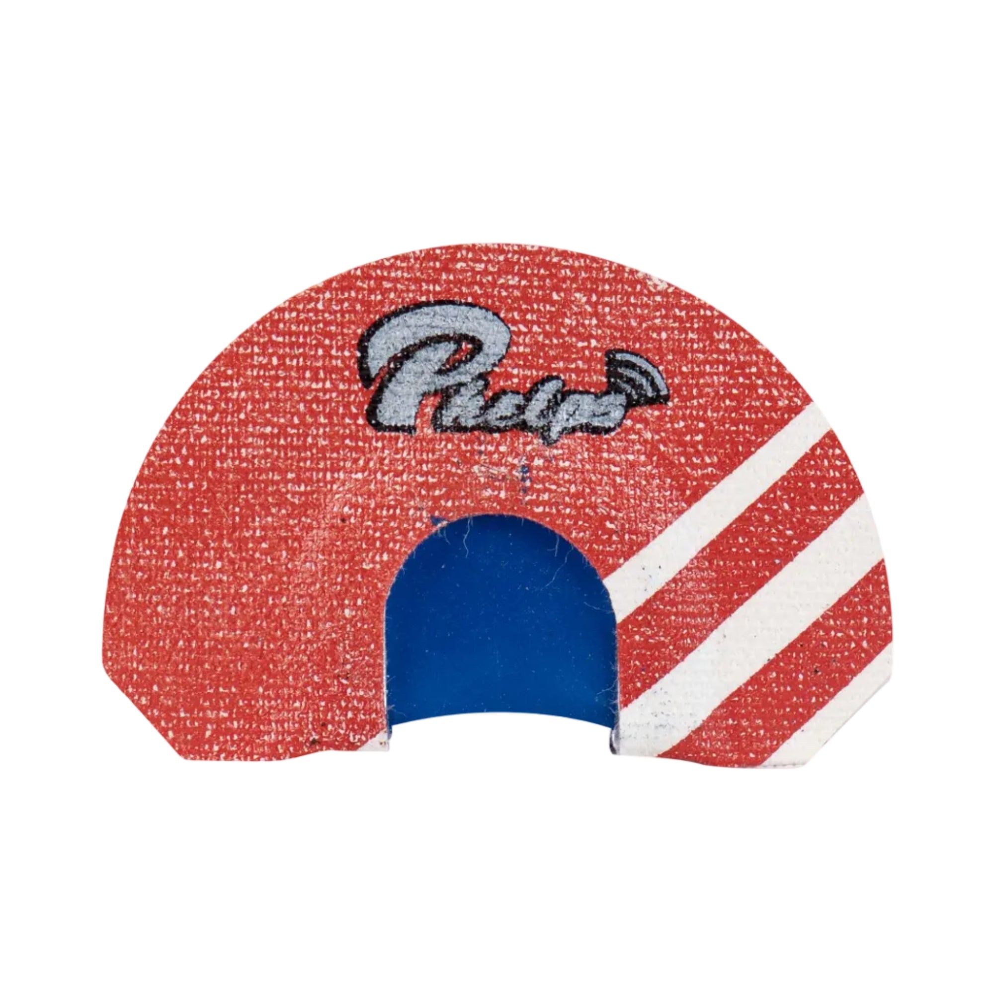 Red elk diaphragm with blue center and white stripe, featuring a logo on a white background