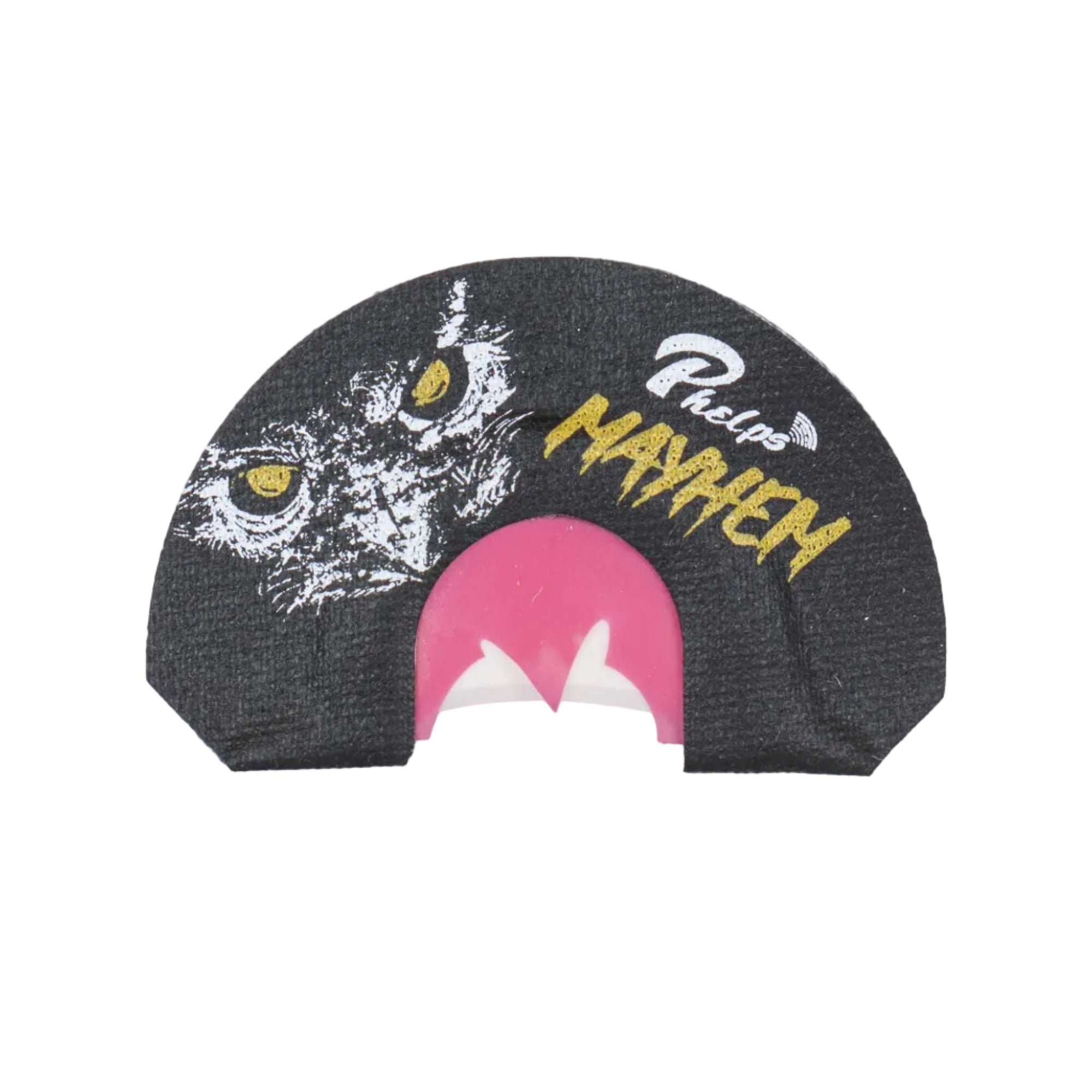 Black diaphragm game call with white cat face, yellow eyes, "Phelps Mayhem" text, and pink reed.