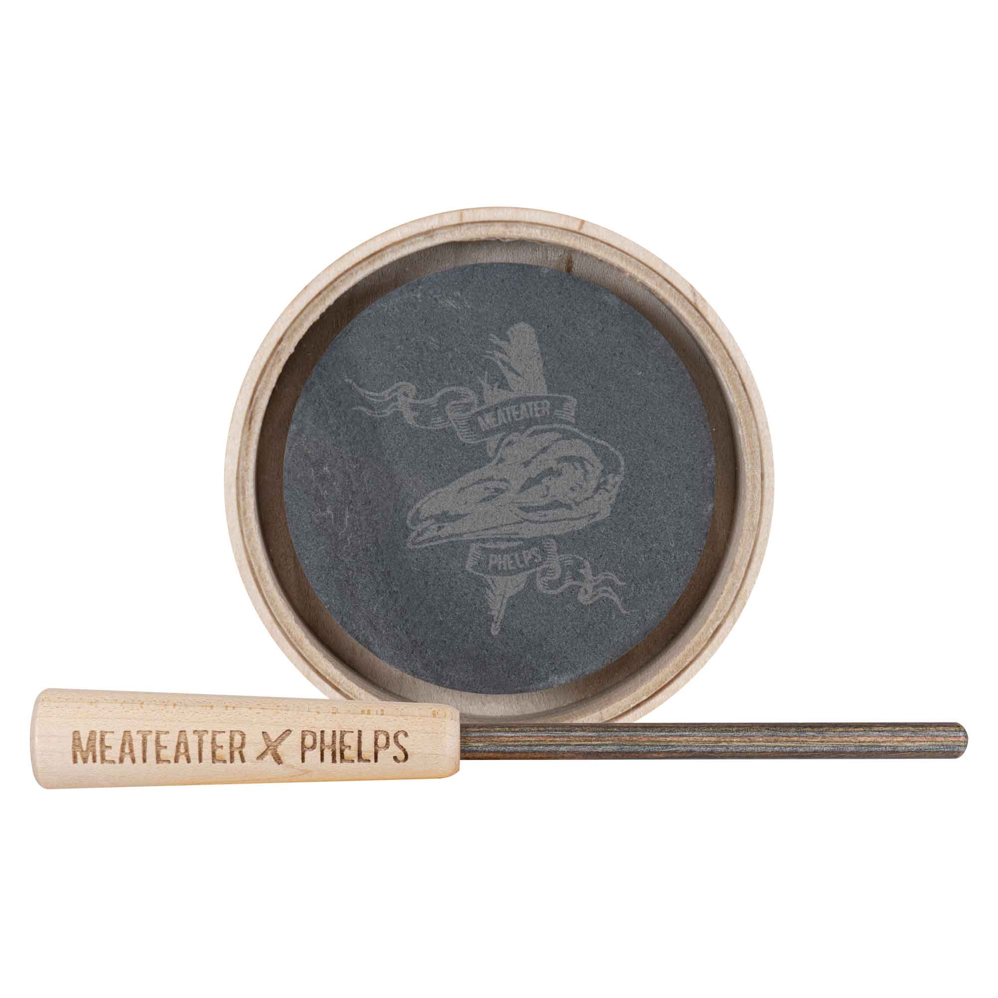 Meateater x Phelps pot call with gray slate, engraved skull, and wooden striker.