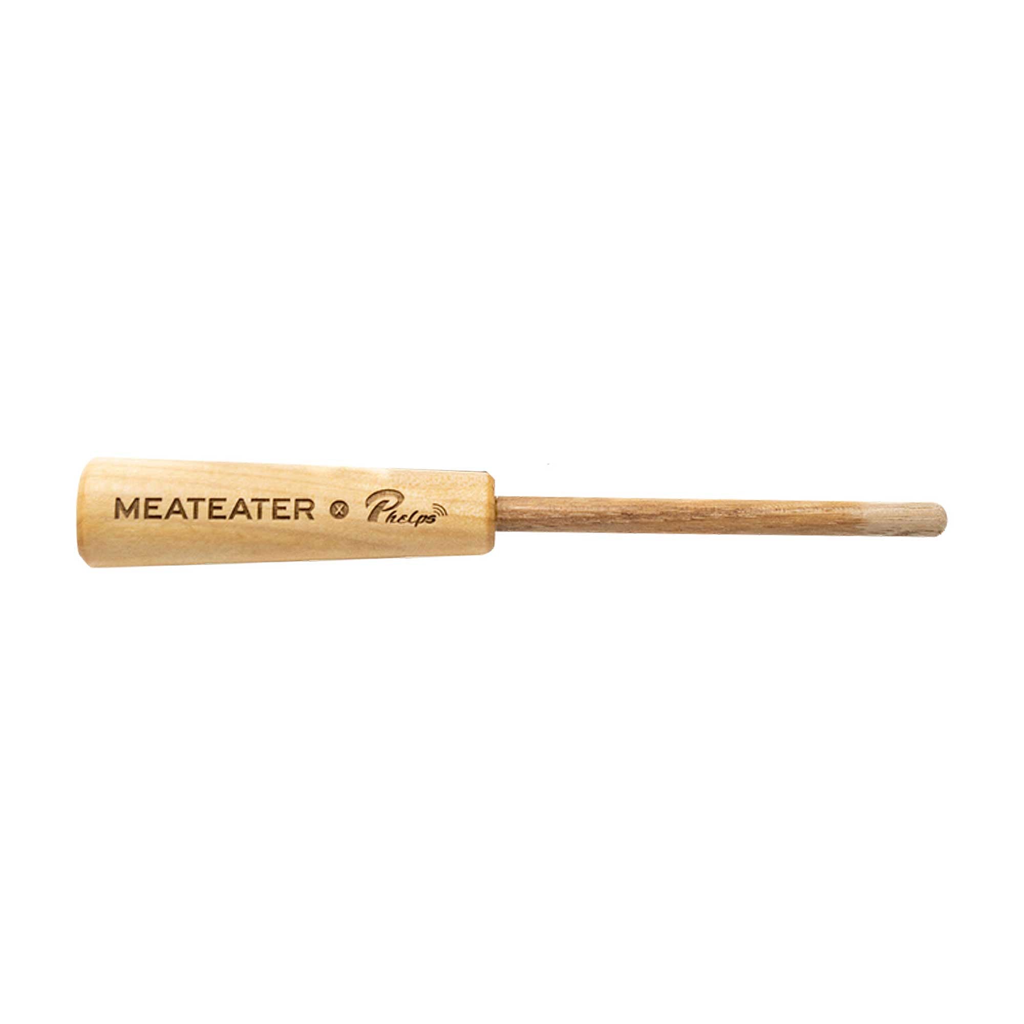 Light wood game call striker with "MEATEATER" and "Phelps" engraved on the handle.