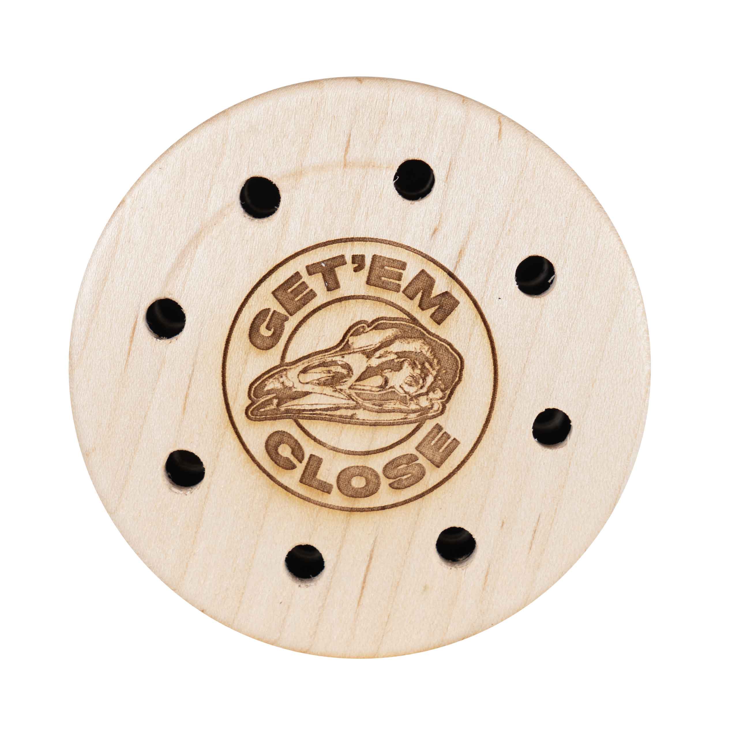 Round natural wood duck call with 8 holes and an engraved duck skull & 'GET EM CLOSE'.