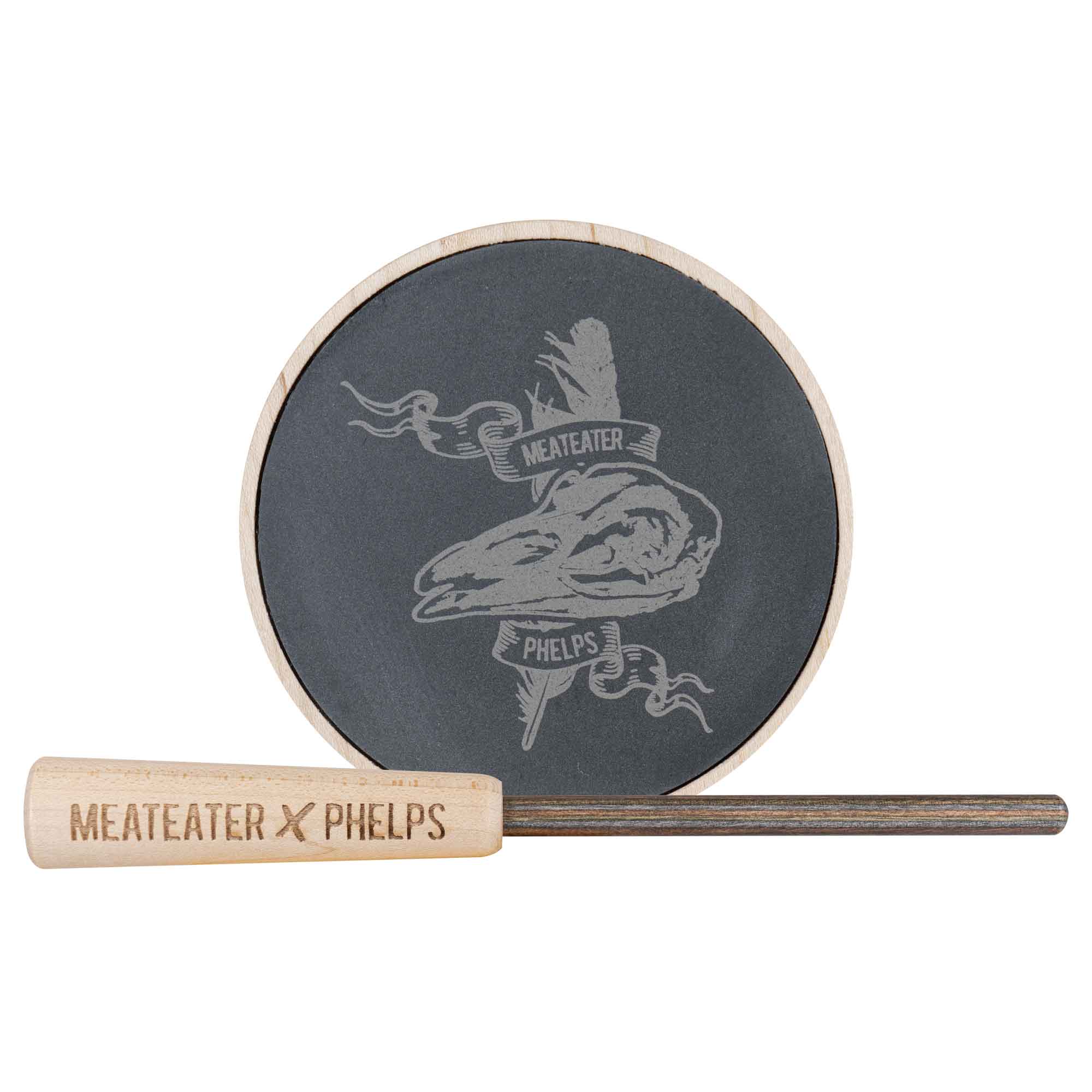 Meateater X Phelps slate turkey call, bird skull engraving, with branded wood striker.