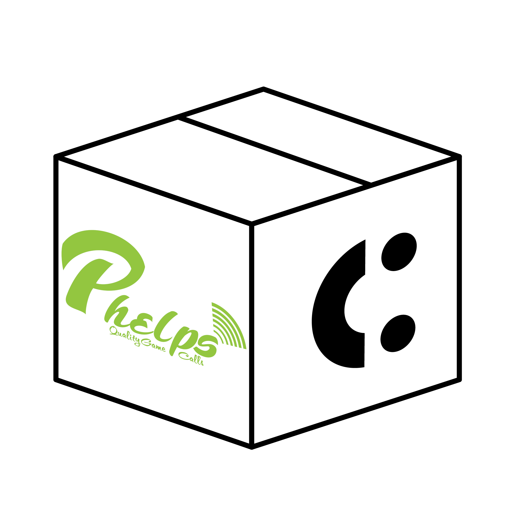White box featuring green "Phelps Quality Game Calls" and black phone receiver logos.