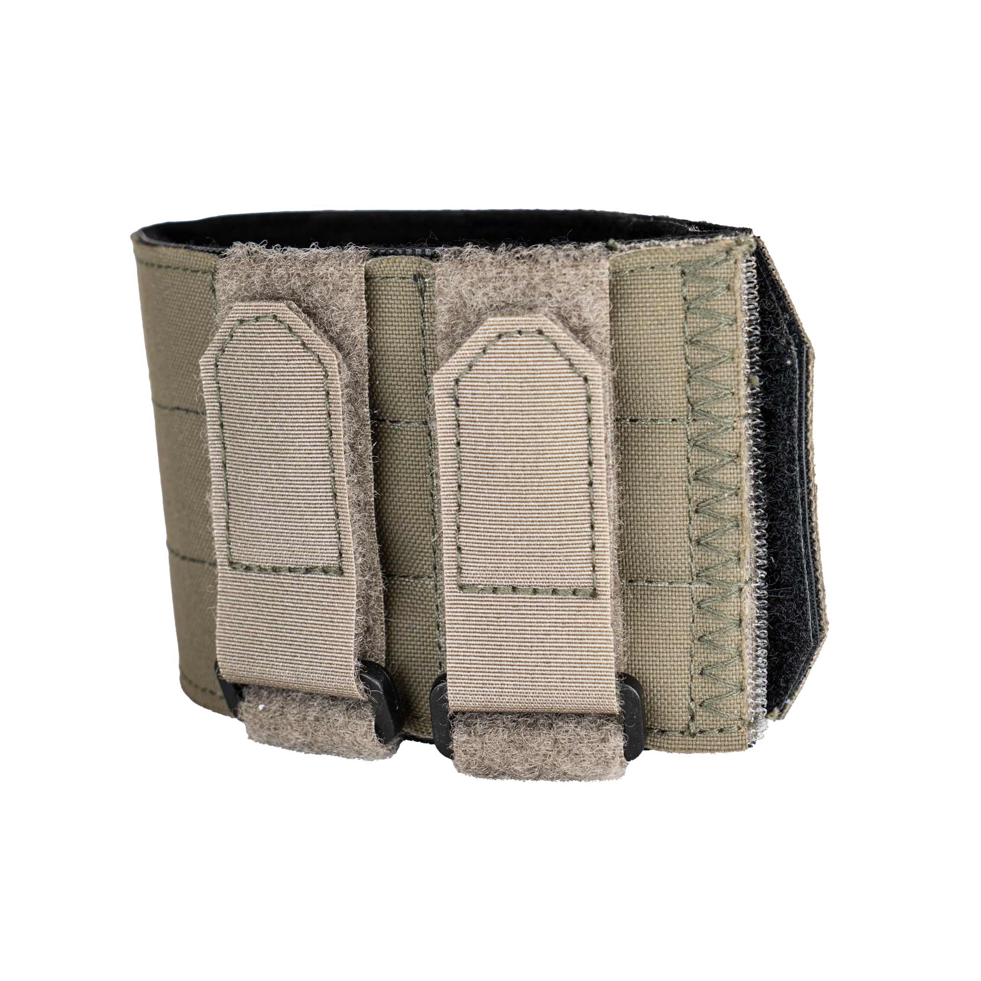A drab olive nylon strap with adjustable hook-and-loop slots, shown on a plain white background at an angle. 