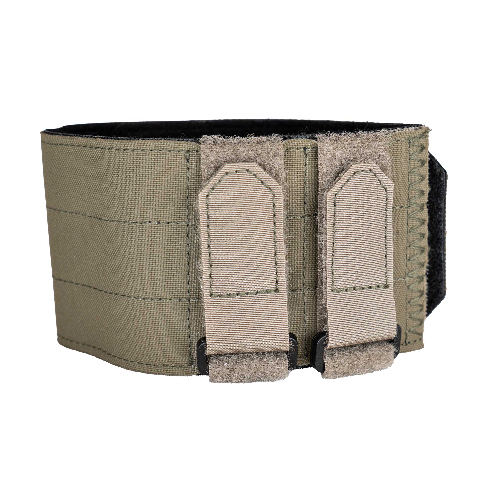 A nylon olive drab strap with two beige, adjustable hook-and-loop strap closures, shown against a plain white background.