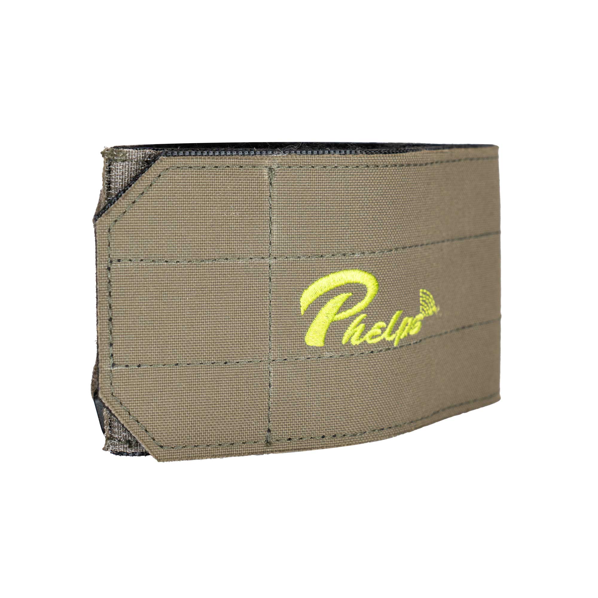 An olive drab hook and loop strap with a green embroidered 'Phelps' logo, shown on a plain white background.