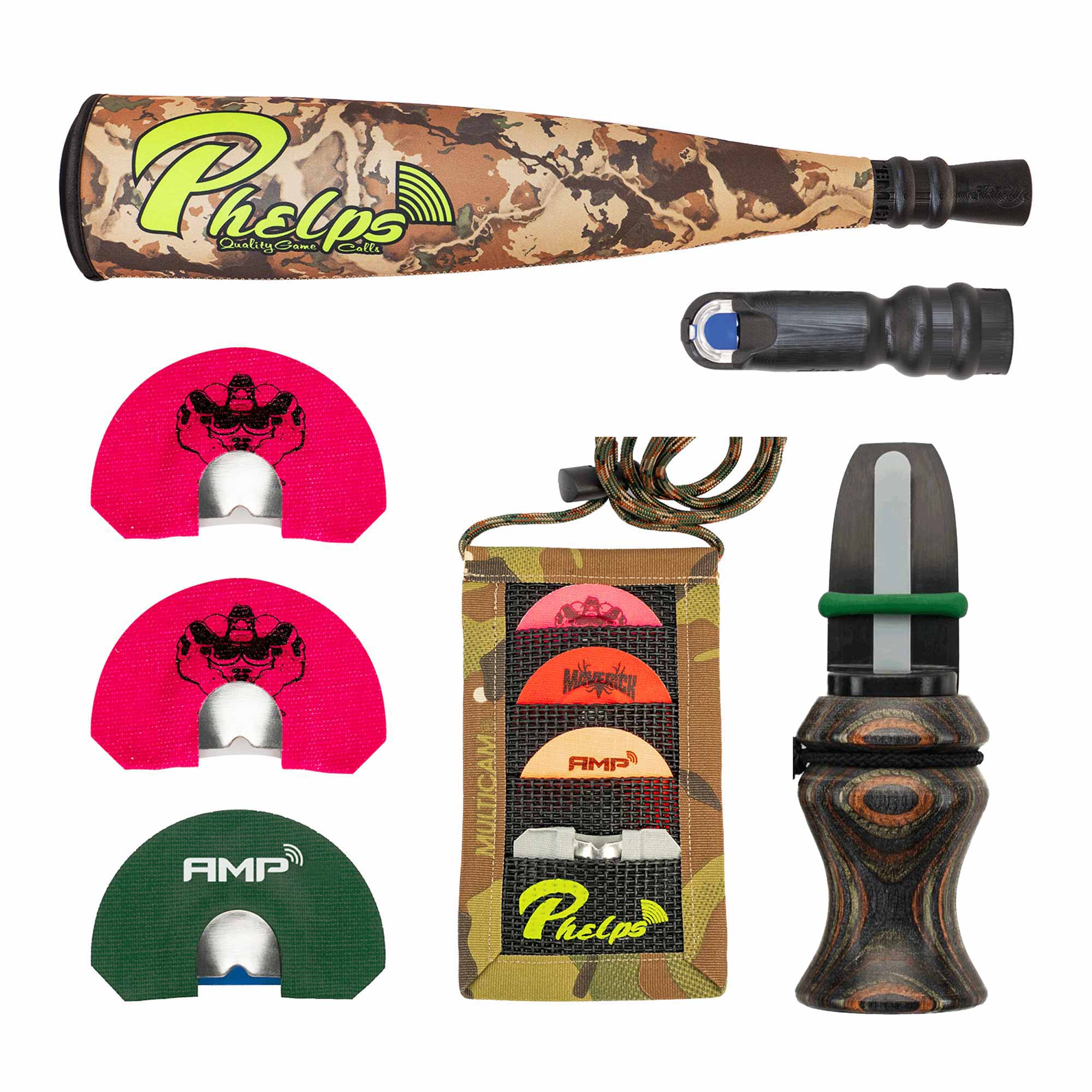 Collection of elk calls including a camo tube, diaprhagm calls, call holder, and an external call on a white background.