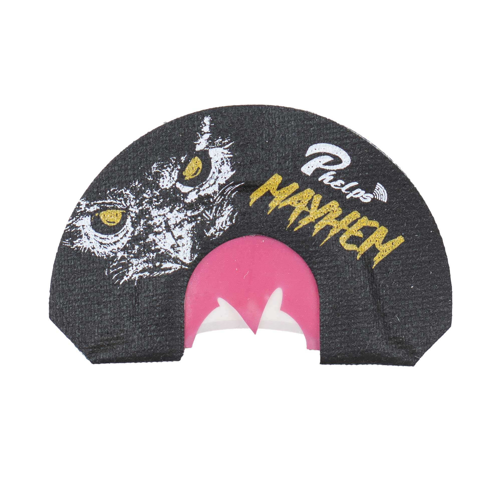 Black hunting call with owl design and 'Phelps Mayhem' branding on a white background