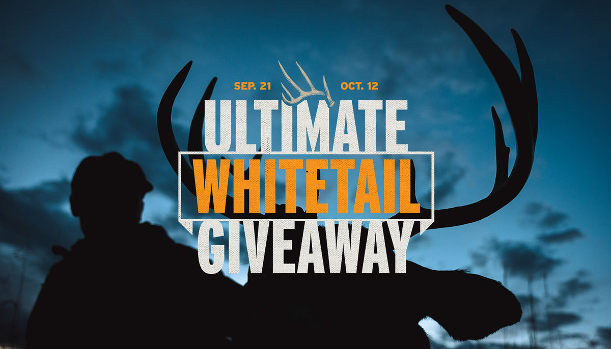 Orange and white text logo for the 'ultimate whitetail giveaway' overlayed on an evening sky with a silhouette of a hunter and whitetail buck antlers